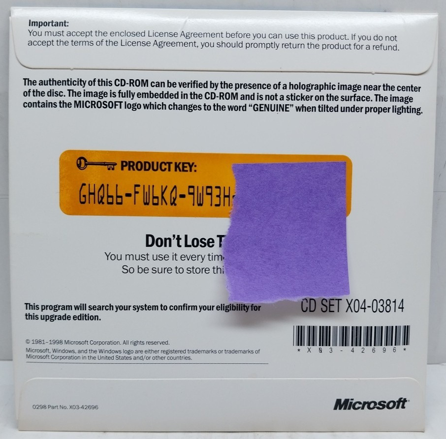 Microsoft Windows 98 Upgrade For Windows Users CD-ROM w/ Product Key
