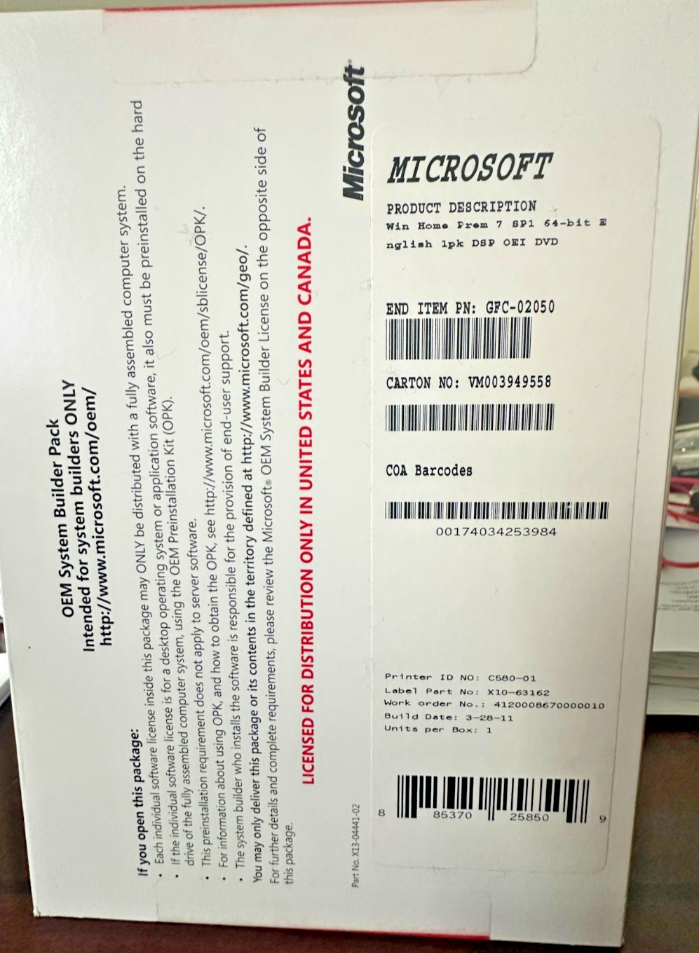 NEW Windows 7 Home Premium 64 Bit Full Version SP1 DVD & Product Key GFC-02050