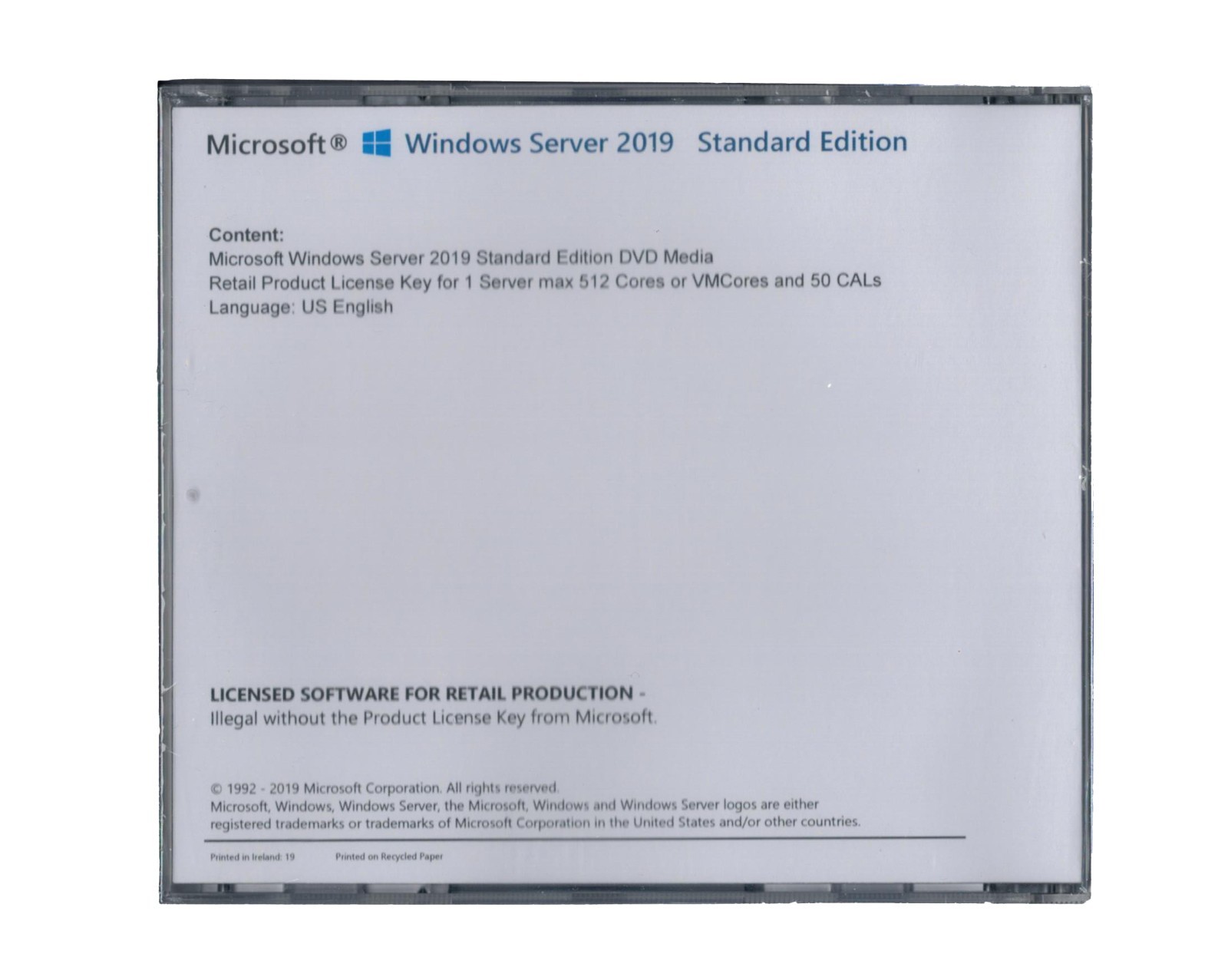 Windows Server 2019 Standard Edition with 50 CALs. Retail License, English.