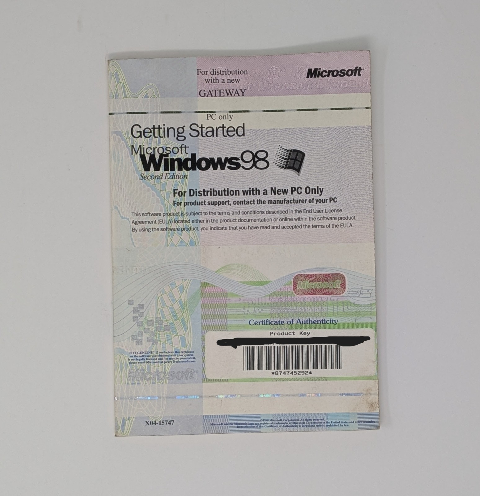 Microsoft Windows 98 SE Getting Started Manual Only & Product Key NO DISC