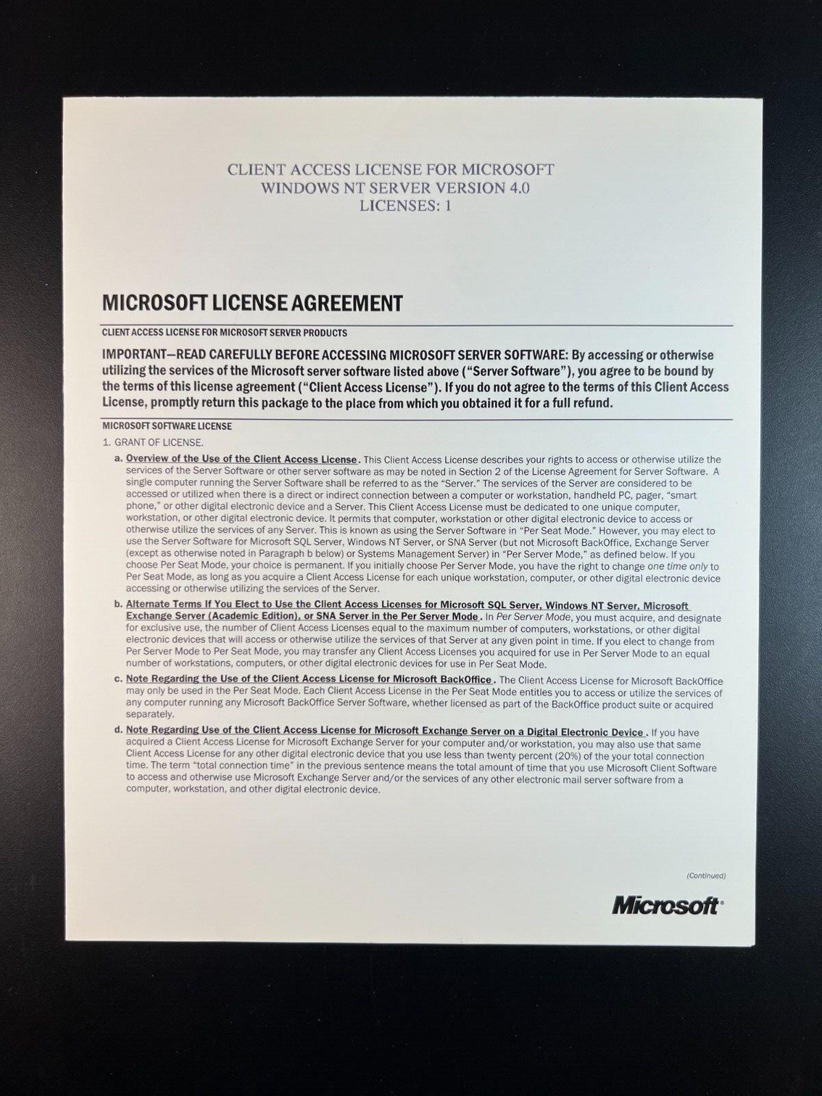 Microsoft Windows NT Server 4.0 CAL 1 Client Access License