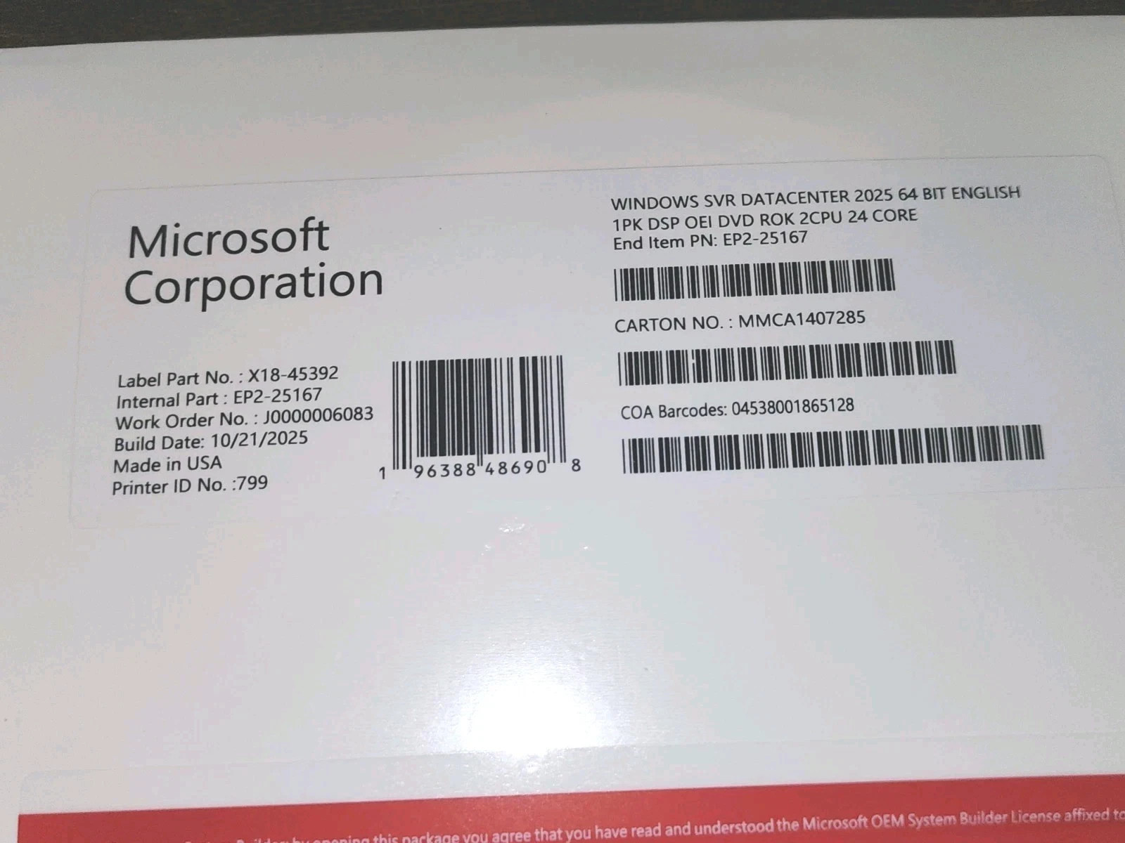 Microsoft Windows Server 2025 Datacenter, 24 Core License, OEM Pack – Genuine