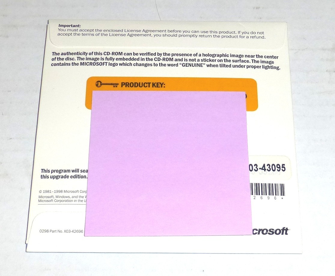 Vintage Microsoft Windows 98 Upgrade CD-Rom with Product Key Retail Box