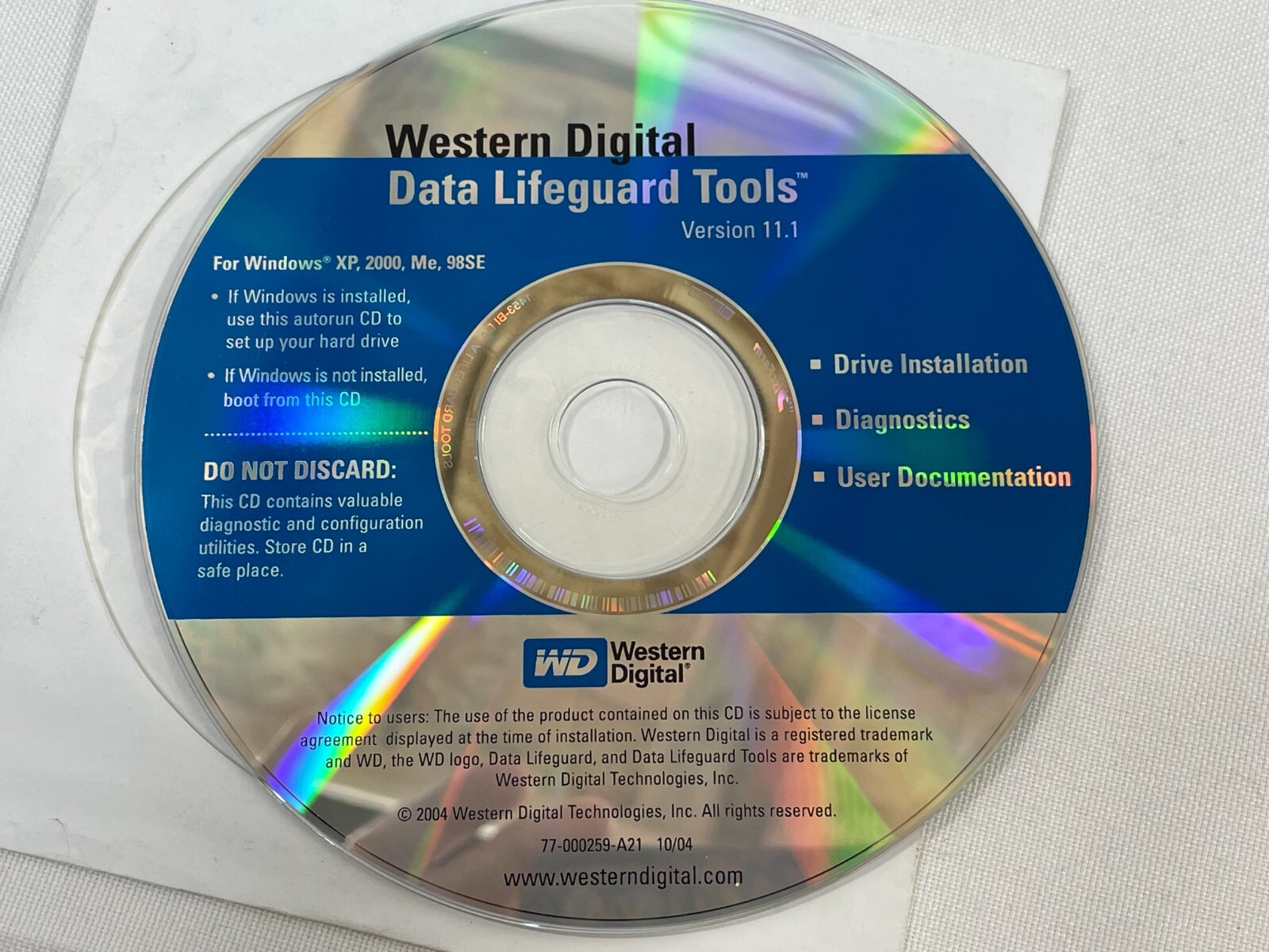 WESTERN DIGITAL DATA LIFEGUARD TOOLS 2004 VER. 11.1 FOR WINDOWS XP,2000,ME,98SE