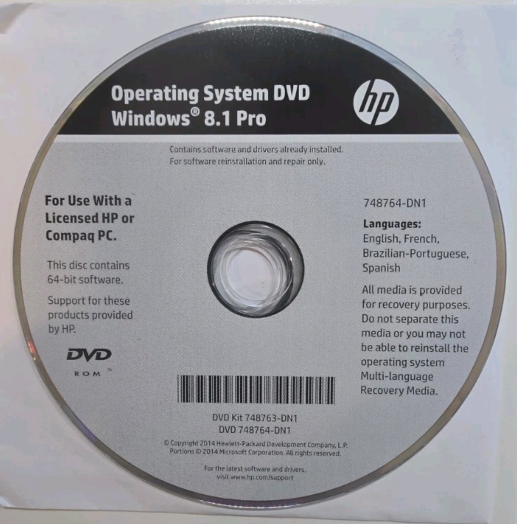 HP Operating System DVD Windows 8.1 Pro 64-bit DVDKIT 748763-DN1 No PROD KEY