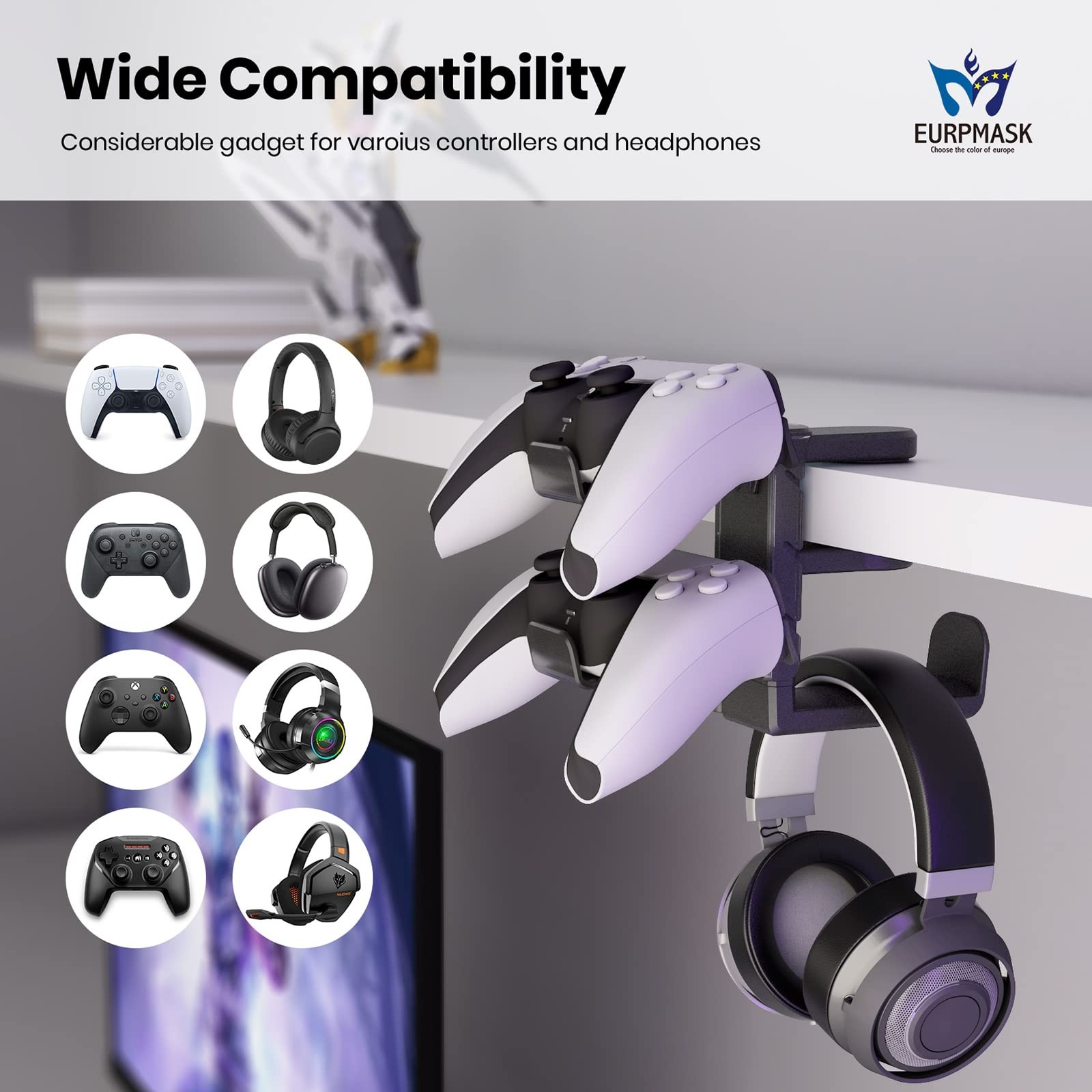 3-in-1 PC Gaming Headset&Controller Holder – EURPMASK Headphone Stand w/Adjus…