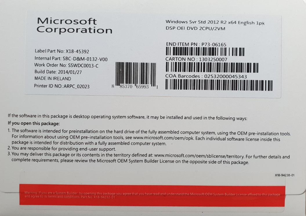 MICROSOFT WINDOWS SERVER 2012 R2 STANDARD x64 2CPU/2VM GENUINE