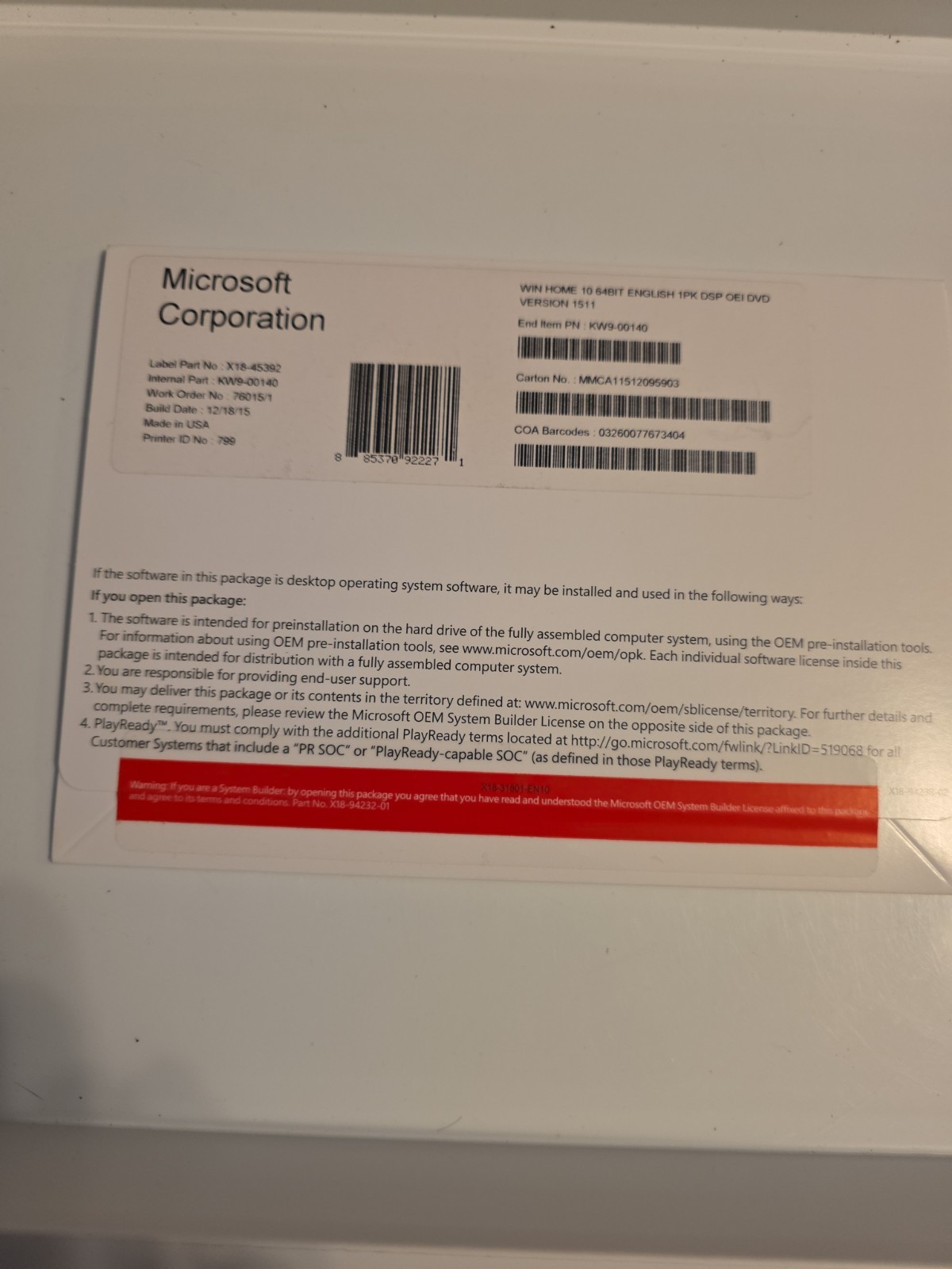 Microsoft Windows 10 Home 64-bit Software (KW9-00140)