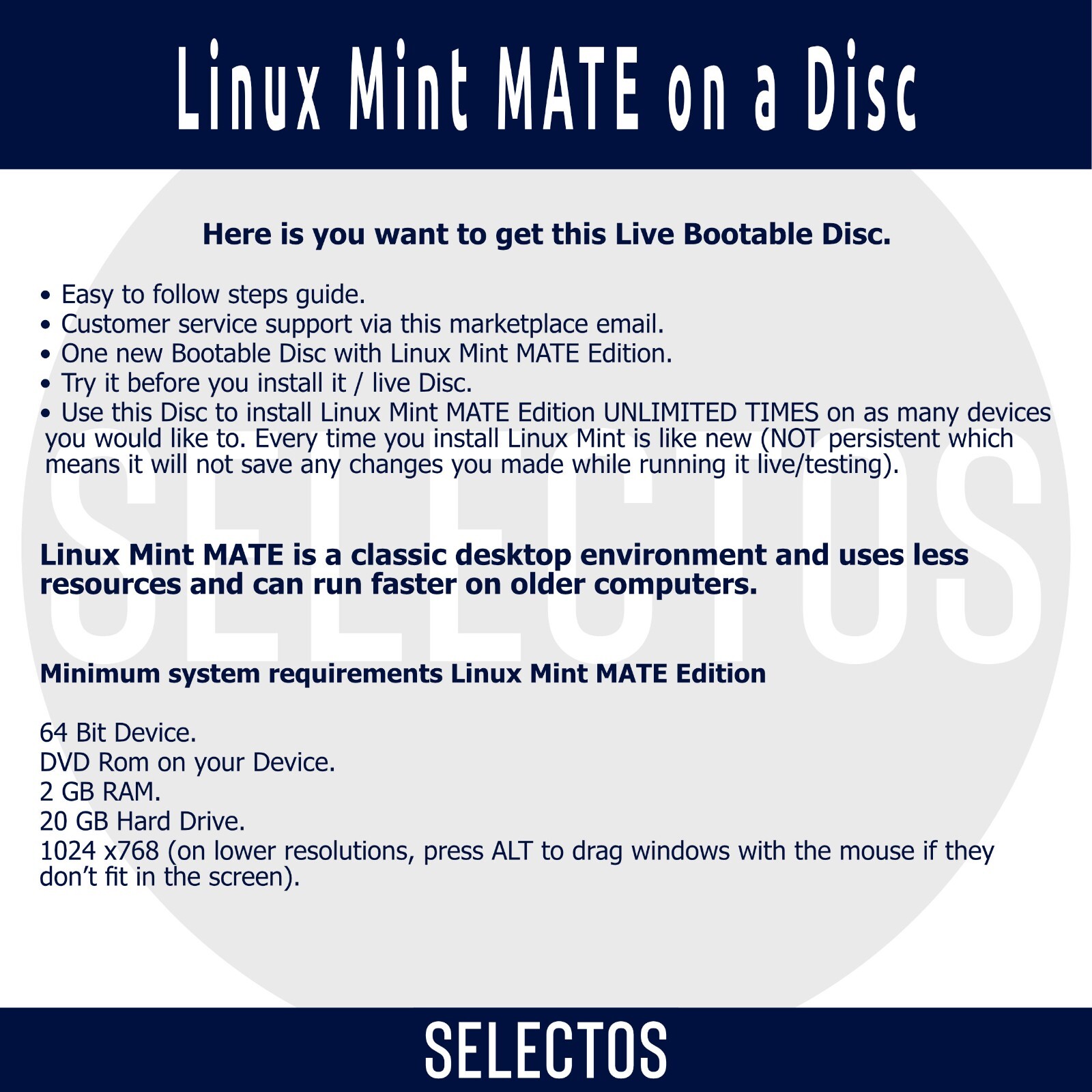 Linux Mint 21.2 Victoria MATE CD Edition Live Bootable DISC Linux OS x86 64bit