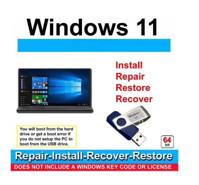 Recovery and Repair USB Drive for Windows 11, 64-bit, Install-Restore-Recover Bo