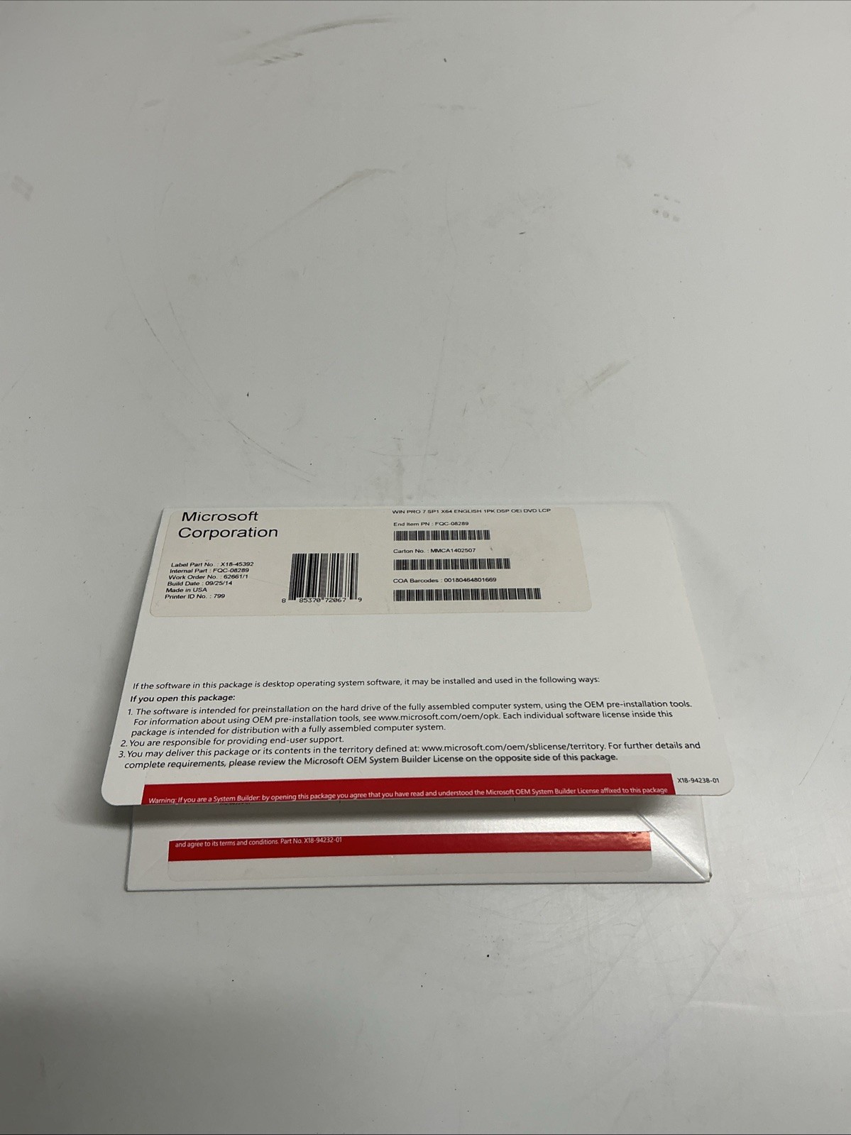 Windows 7 Pro SP-1 FQC-08289 English 1PK DSP OEI DVD LCP Microsoft AA-947