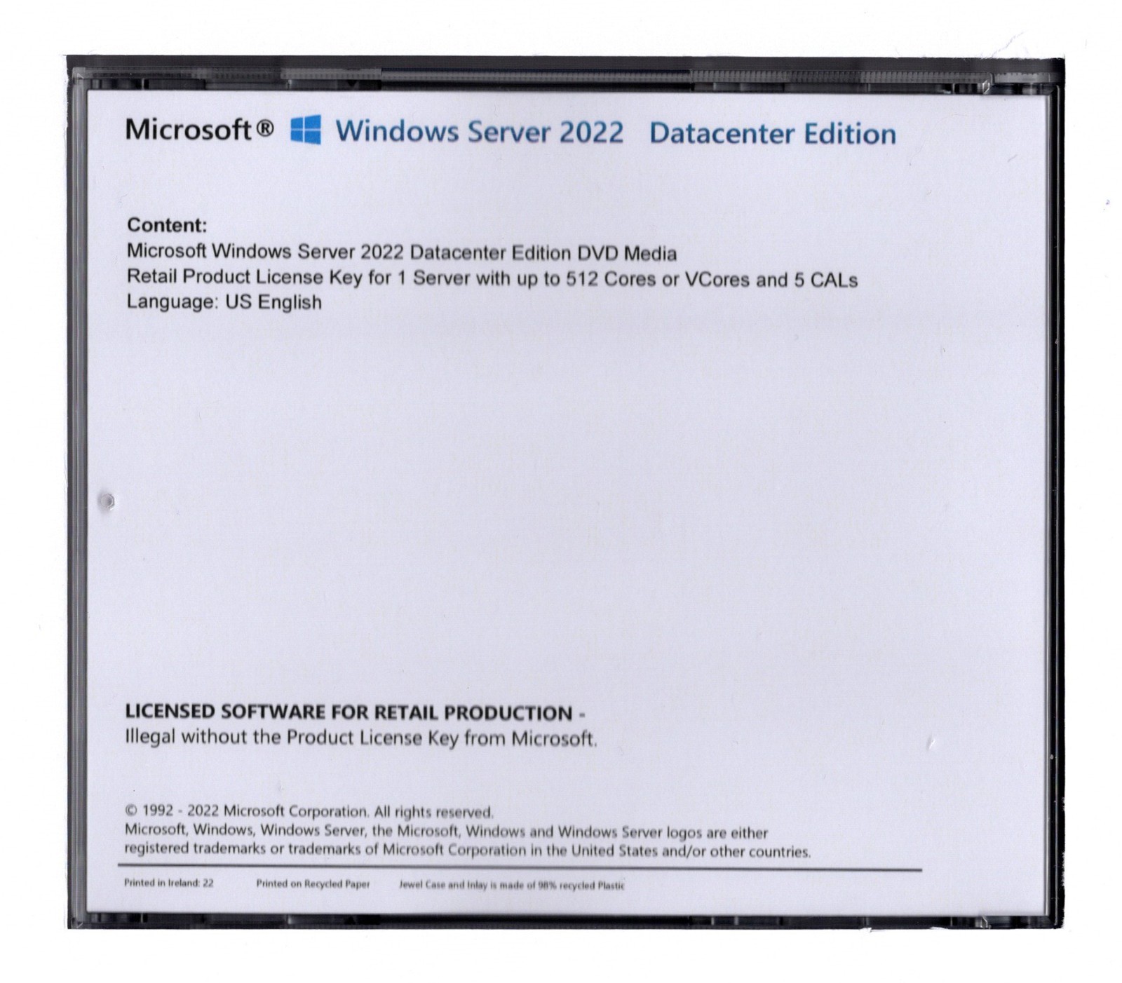 Windows Server 2022 Datacenter Edition with 5 CALs. Retail License, English.