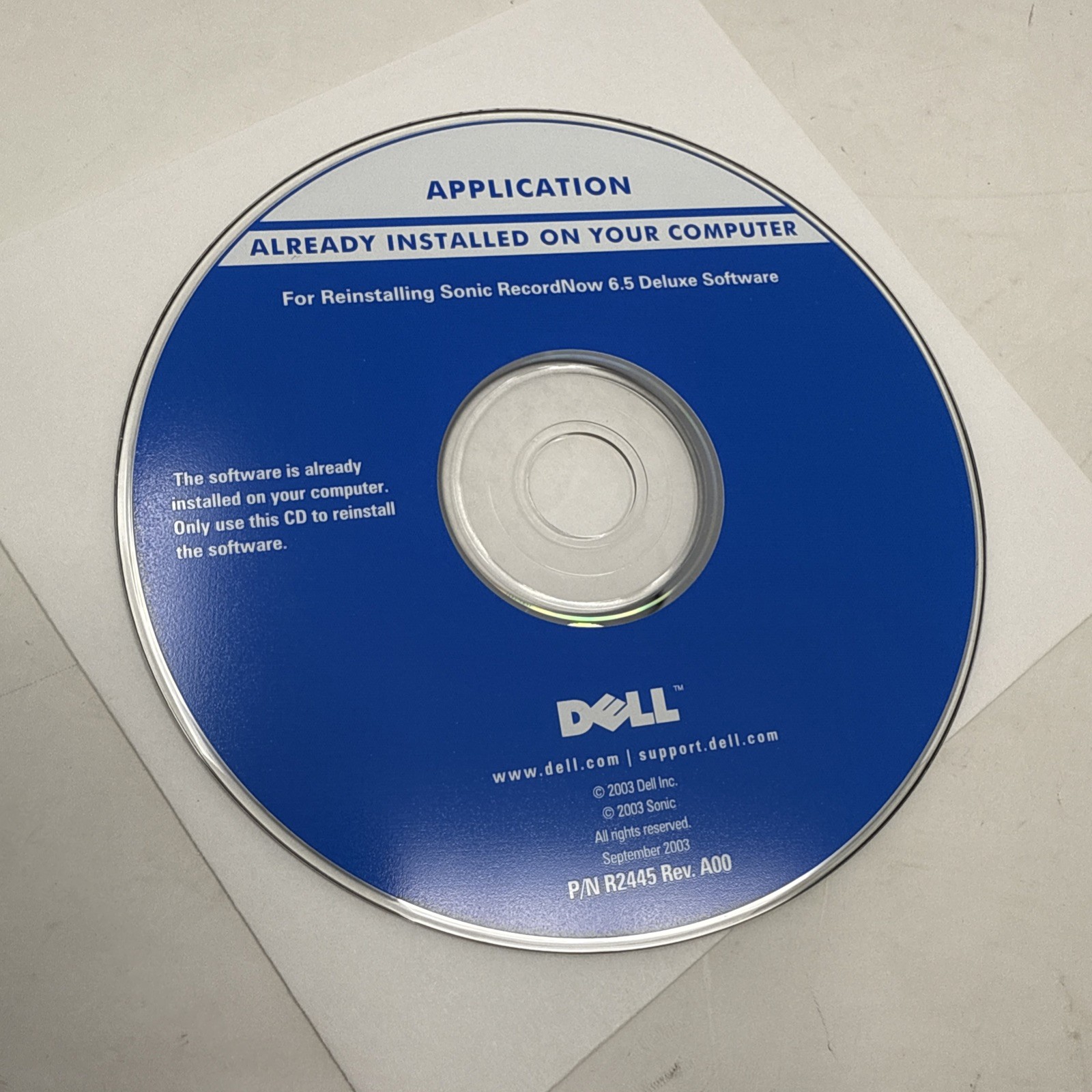 Dell Reinstalling Sonic RecordNow 6.5 Deluxe Software P/N R2445 RevA00 Disc 2003