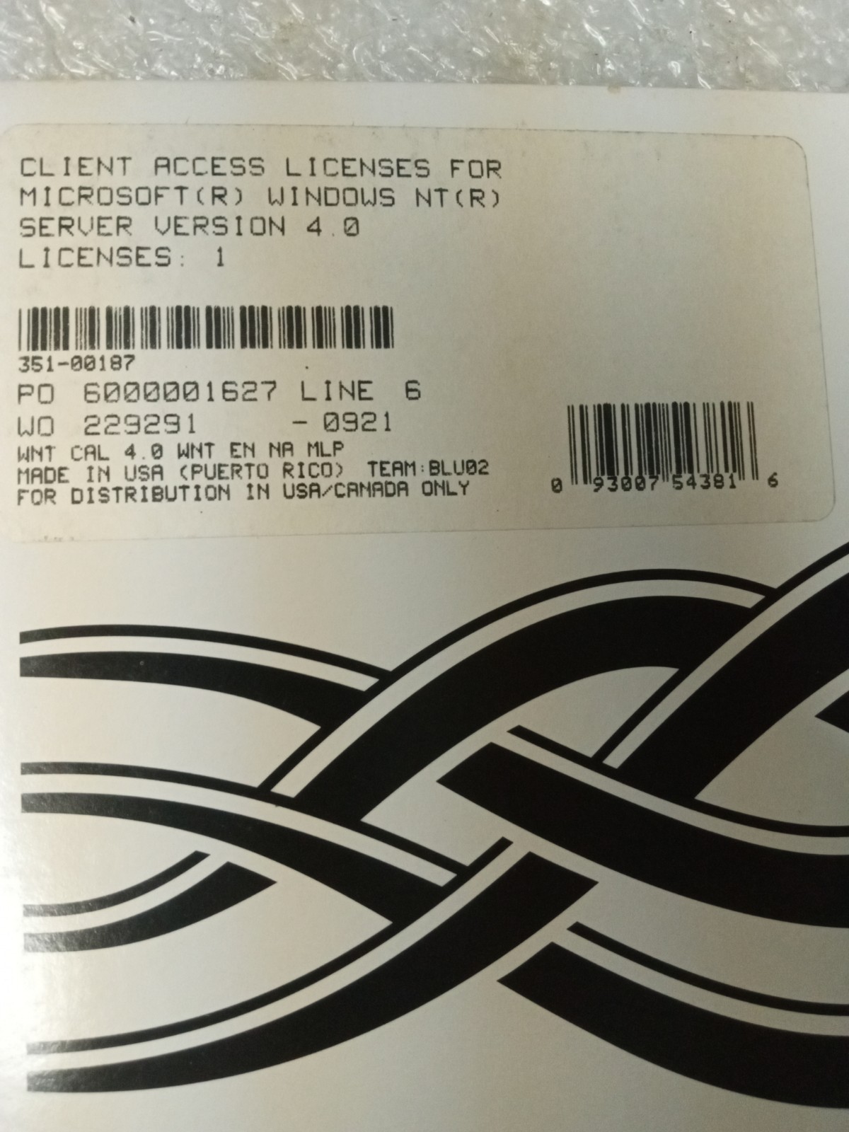 Microsoft Windows NT Server 4.0 CAL 1 Client Access License Sealed