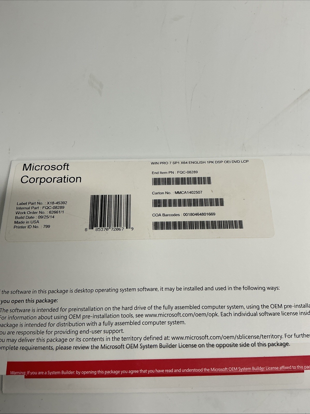 Windows 7 Pro SP-1 FQC-08289 English 1PK DSP OEI DVD LCP Microsoft AA-947