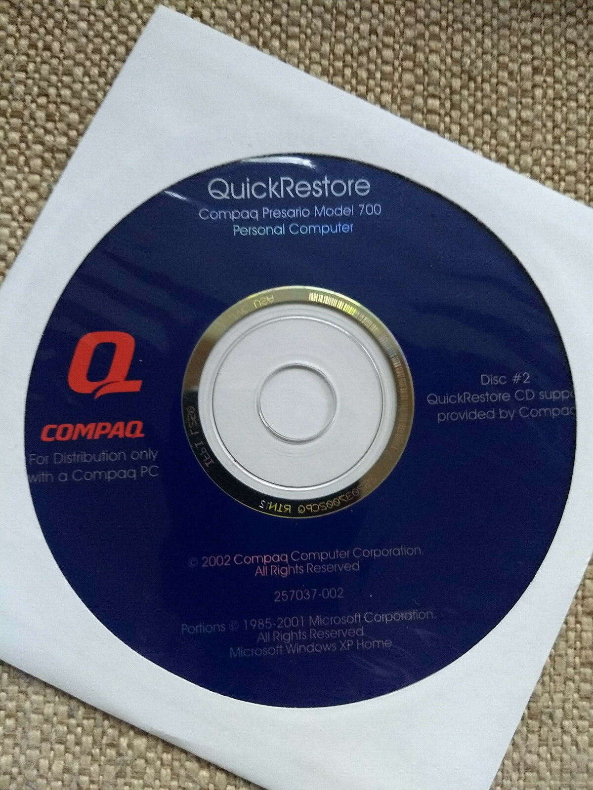Compaq Presario Model 700 Quick Restore recovery CD Windows XP Home