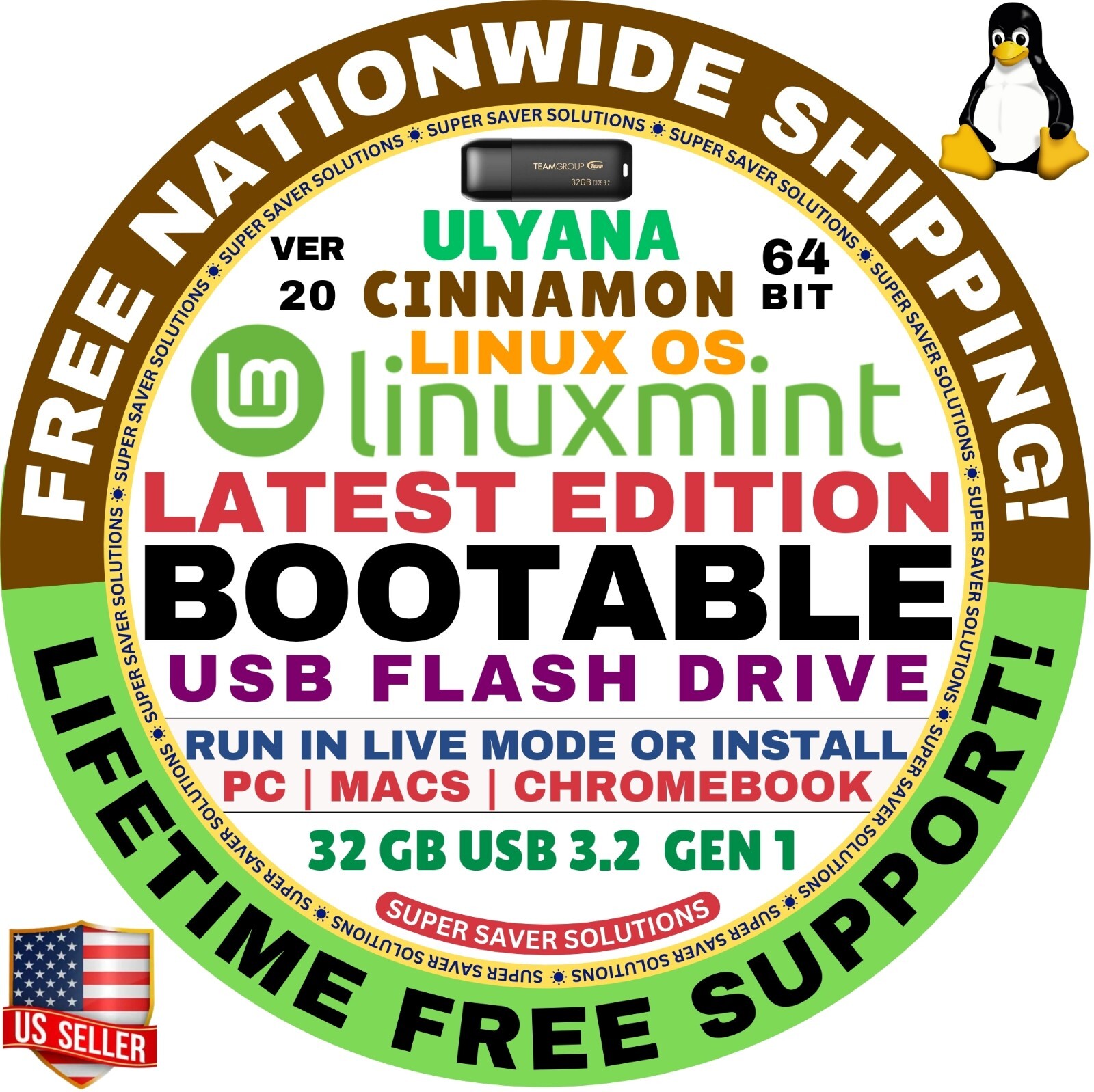 Linux MINT 20 USB Ulyana, Cinnamon 64-Bit Live Boot, Full Install MAC, PC