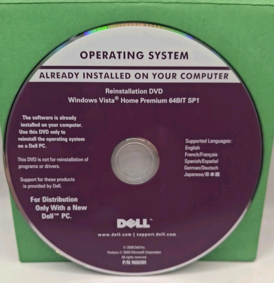 Dell Windows Vista Home Premium 64-bit SP1 Reinstallation DVD Disc P/N N069H