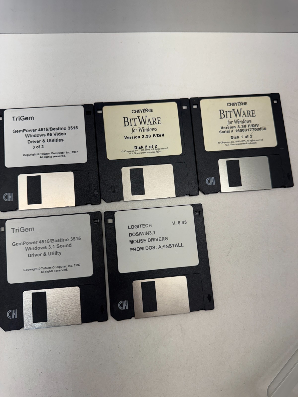 Vintage 3.5″ Floppy Disk Lot 9x TriGem Windows 95 Drivers Logitech BitWare DOS