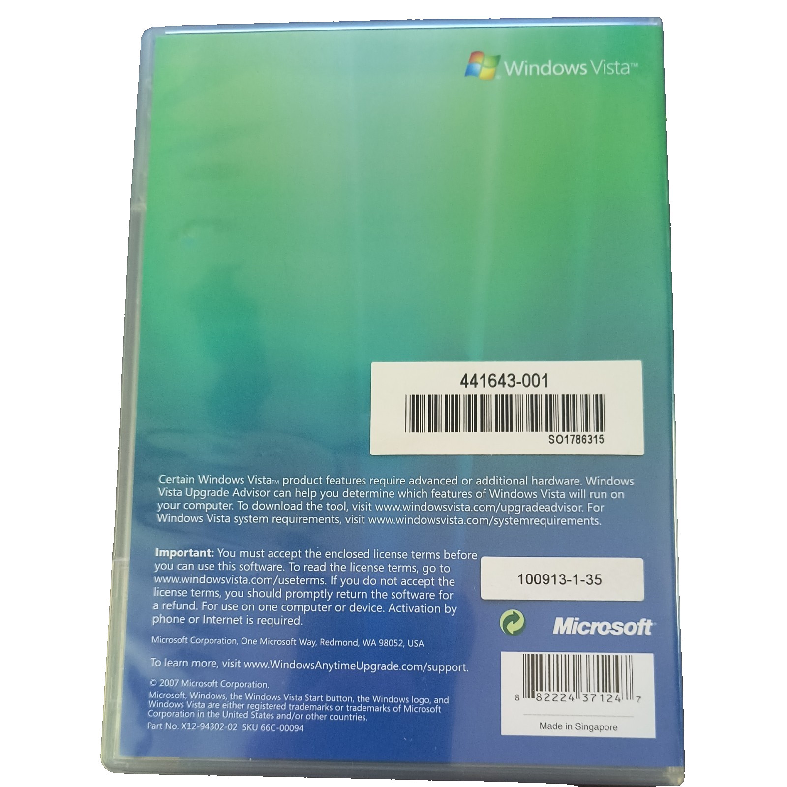 Microsoft Windows Vista Anytime Upgrade Disc 32 bit English DVD Software