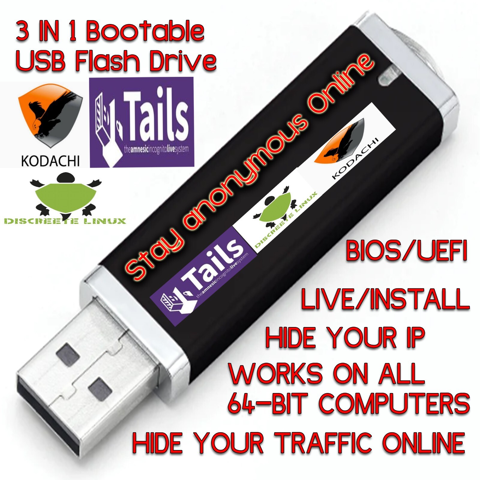 3-in-1 Boot USB Drive Discreete Linux, Kodachi,Tails HIDE YOUR INTERNET „USAGE”!