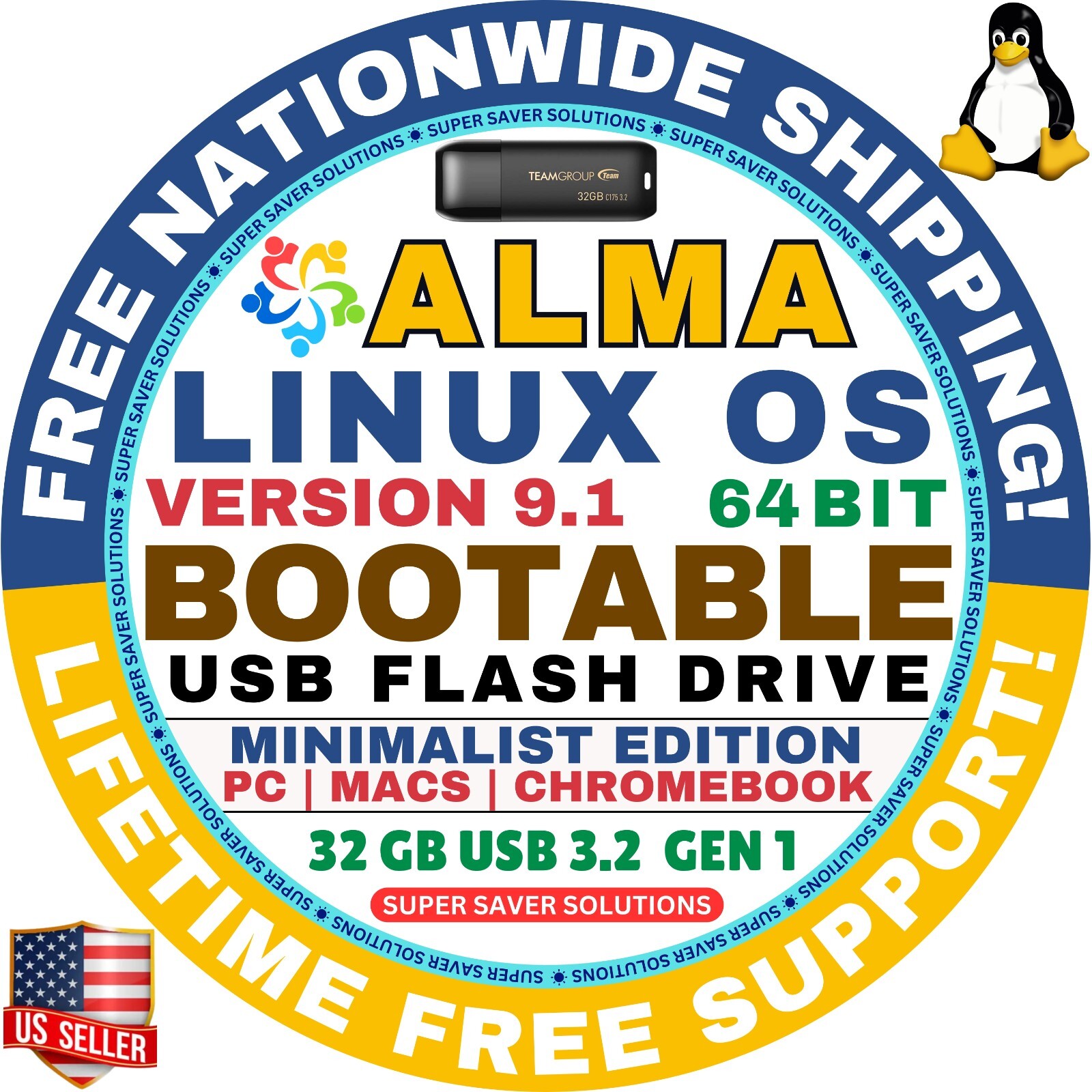 AlmaLinux 9.1 USB Flash Drive | MINIMAL EDITION | AMD64 for MAC, PC Alma Linux