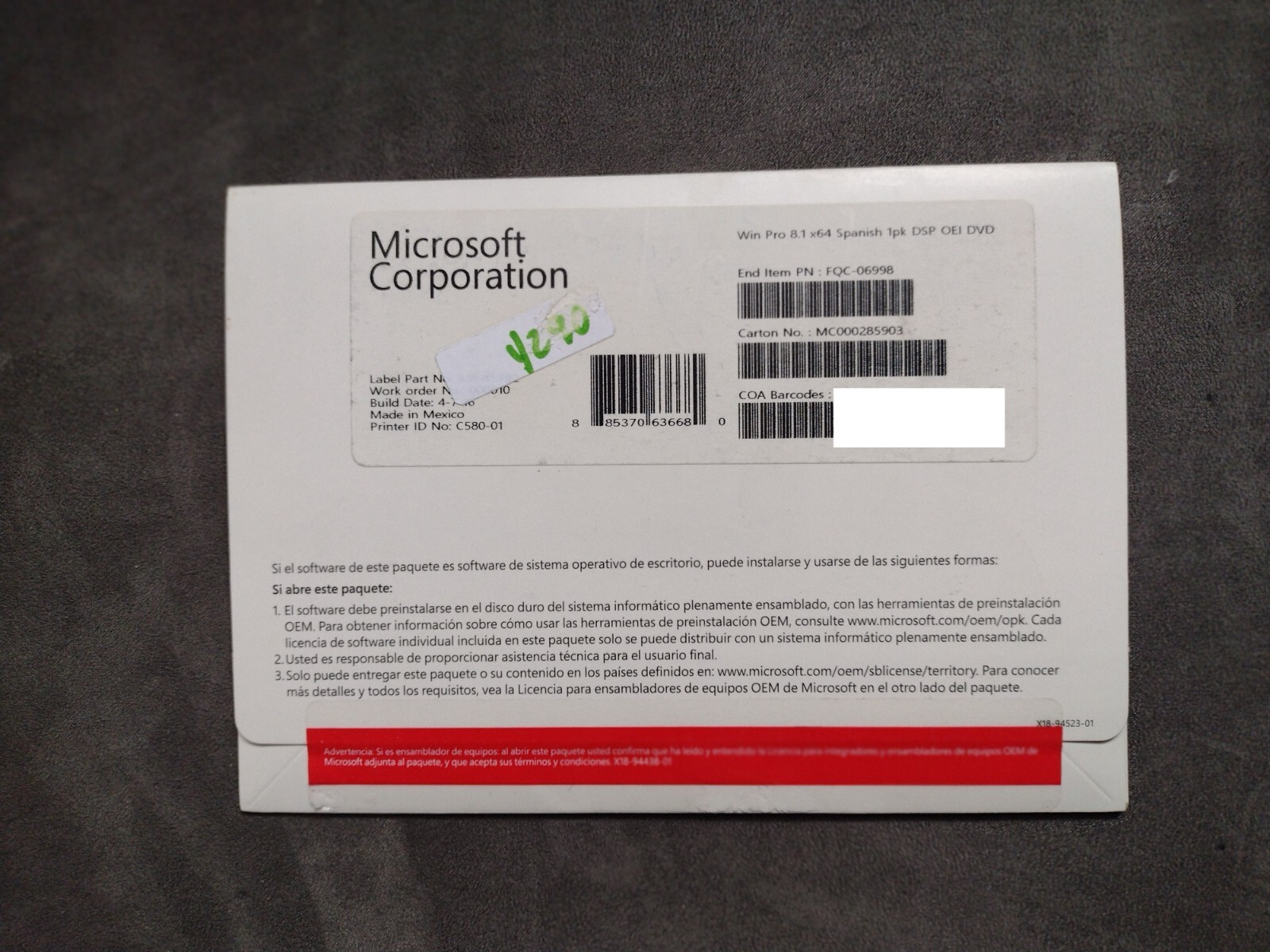 Microsoft Windows 8.1 x64 64 Bit Spanish 1PK DSP OEI DVD with Update Media (New)