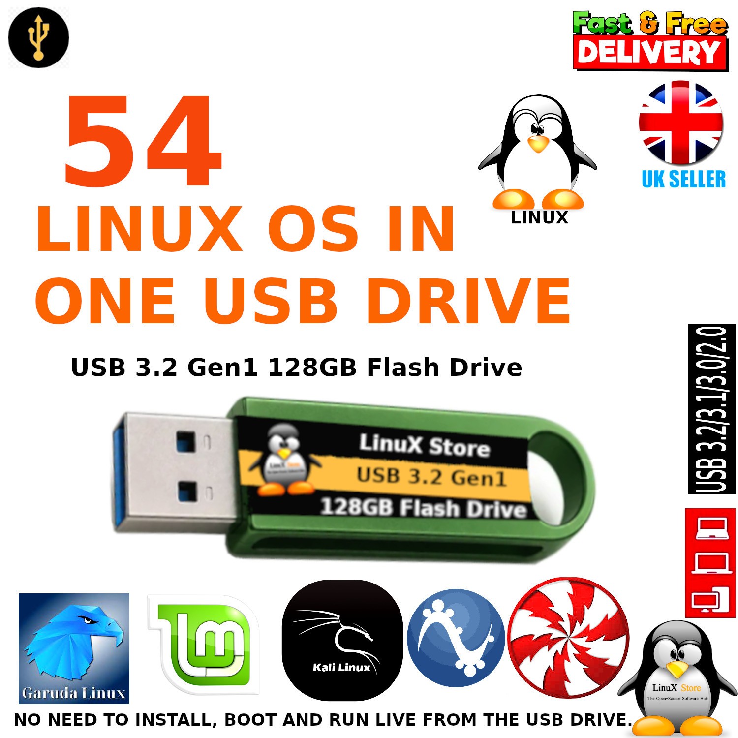 54 Linux OS in 128GB High Speed 3.2 Gen1 USB Flash Drive, Live Run or Install