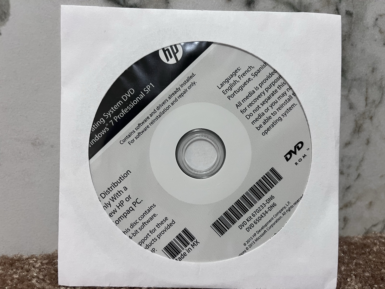 HP Operating System DVD Windows 7 Pro Sp1 64-bit No PRODUCT KEY System Recovery