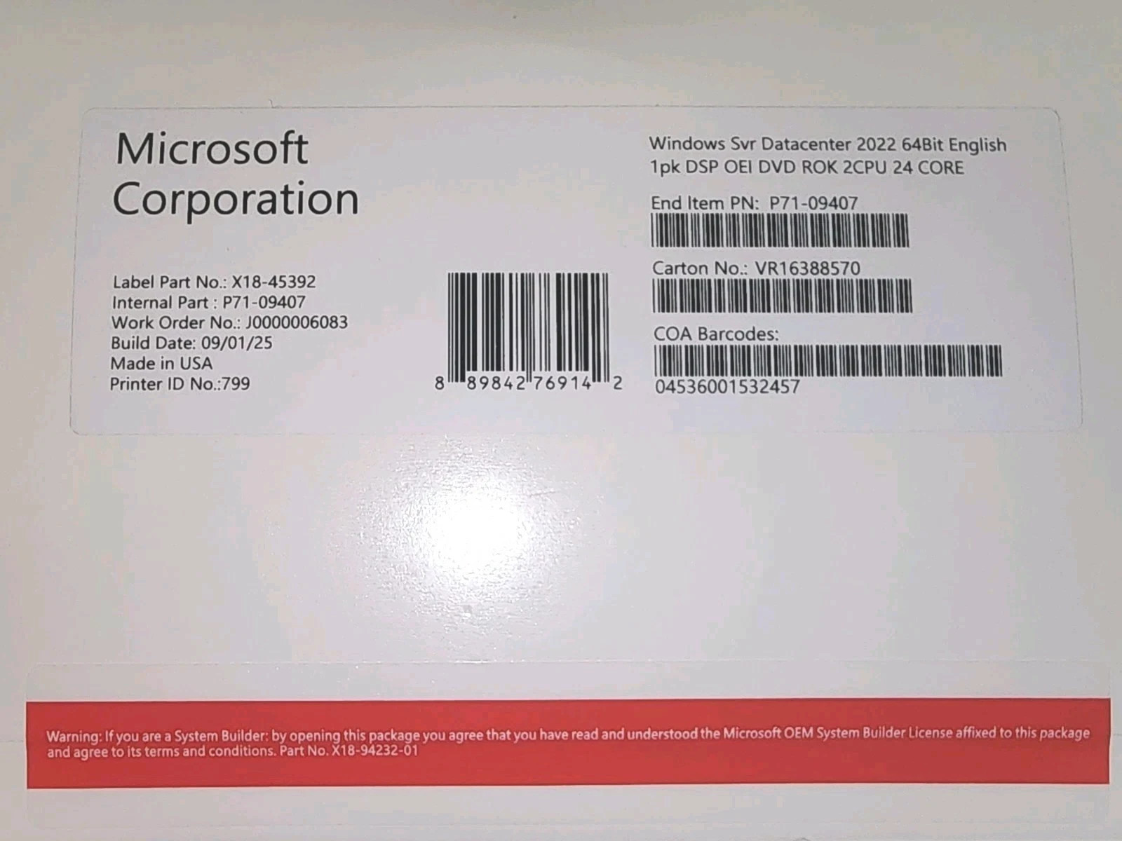 Windows Server 2022 Datacenter – 24 Core Genuine License, DVD/COA (Authentic)