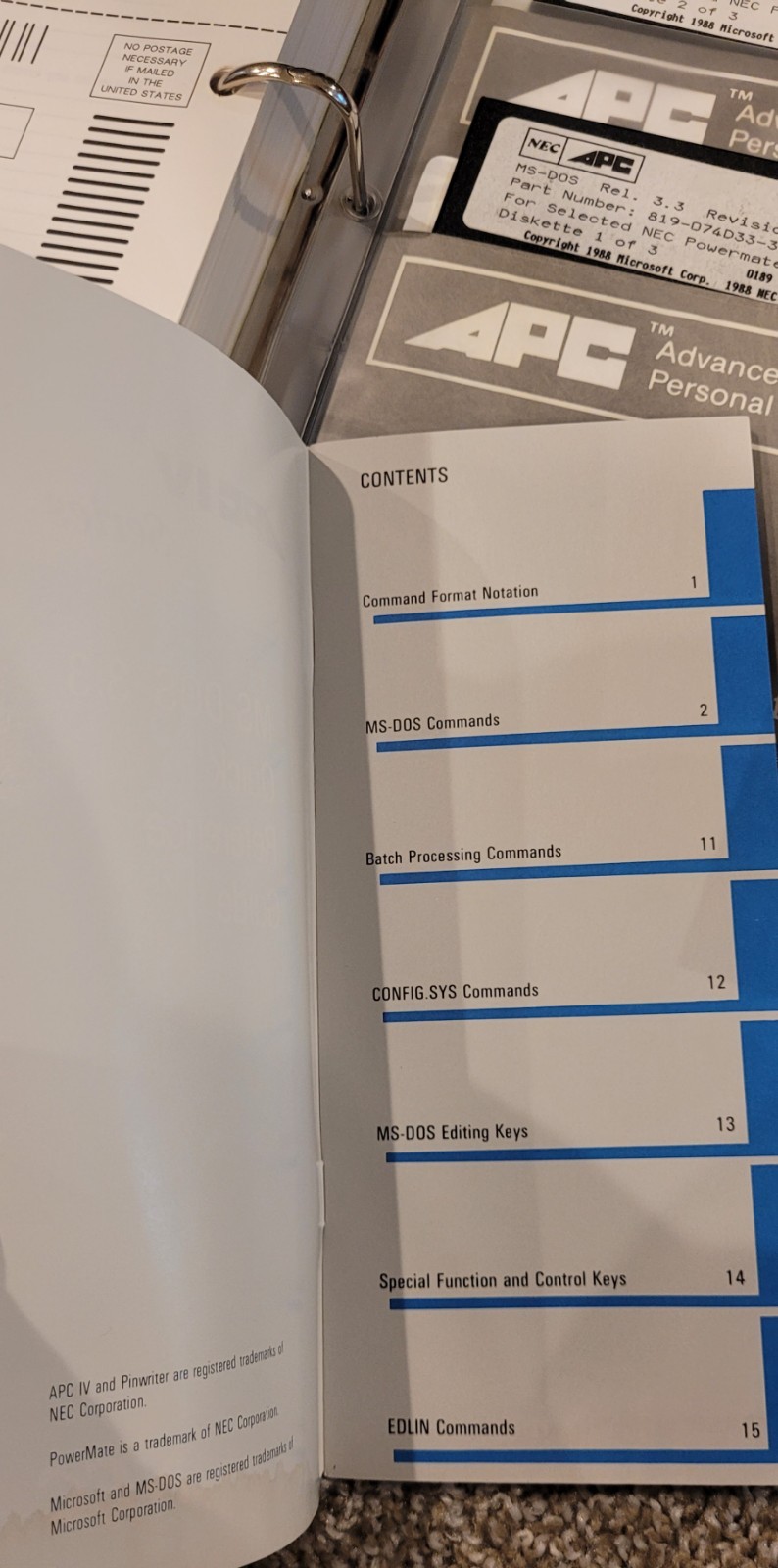 1988 MS-DOS 3.3 User Guide 1st Printing NEC Advanced Personal Comp Floppy Disks