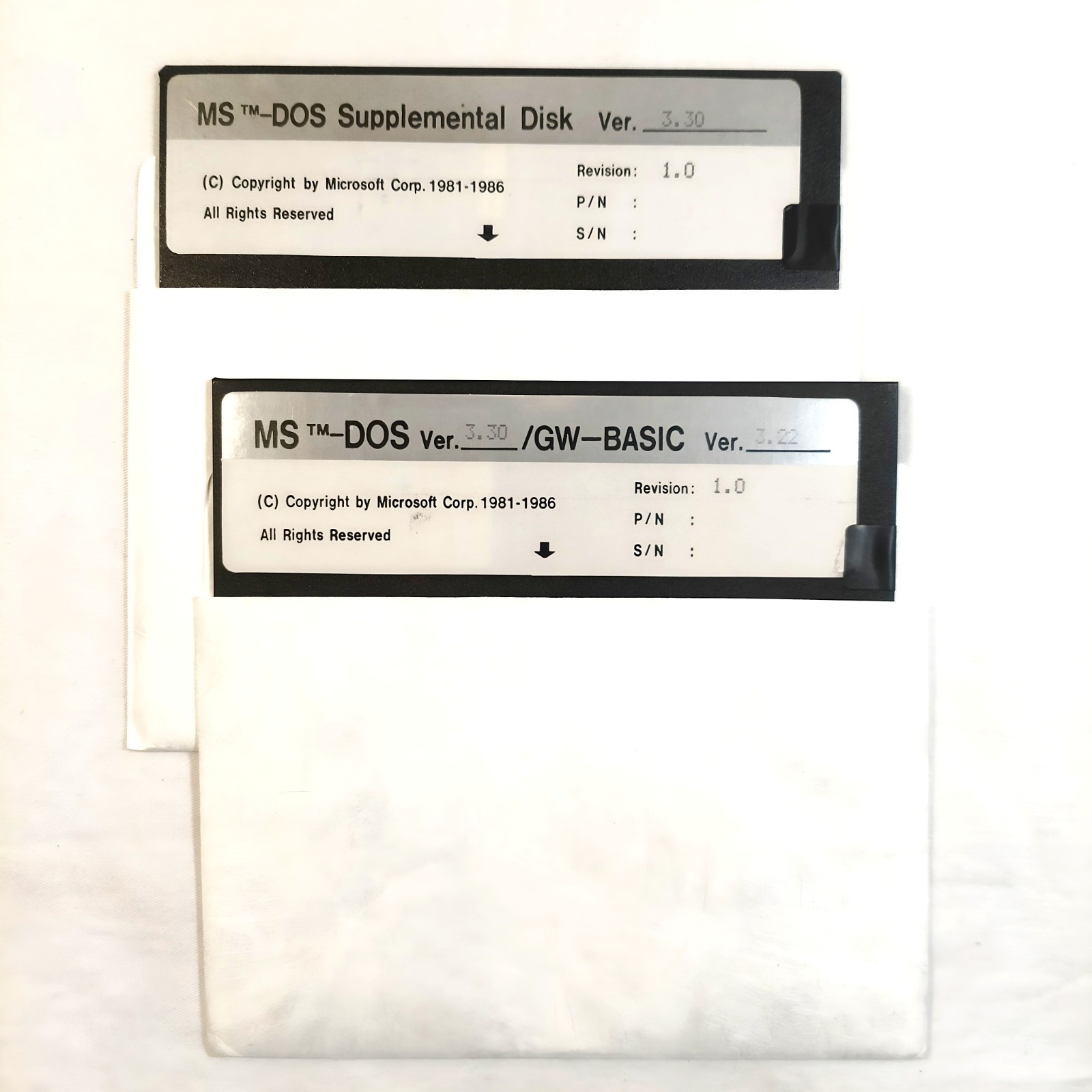 Vintage Microsoft MS-DOS 3.30 & GW-BASIC 3.22 5.25″ Floppy Disks Lot of 2 OEM