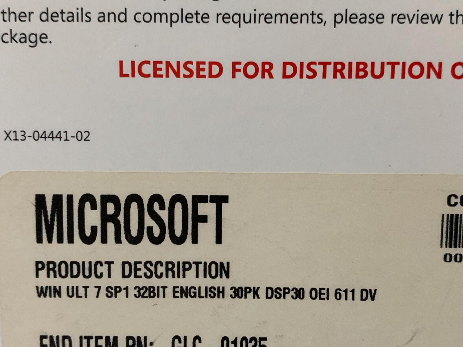 1 Microsoft Windows 7 ULT 7sp1 32 bit English 30pk dsp30 GLC 01935