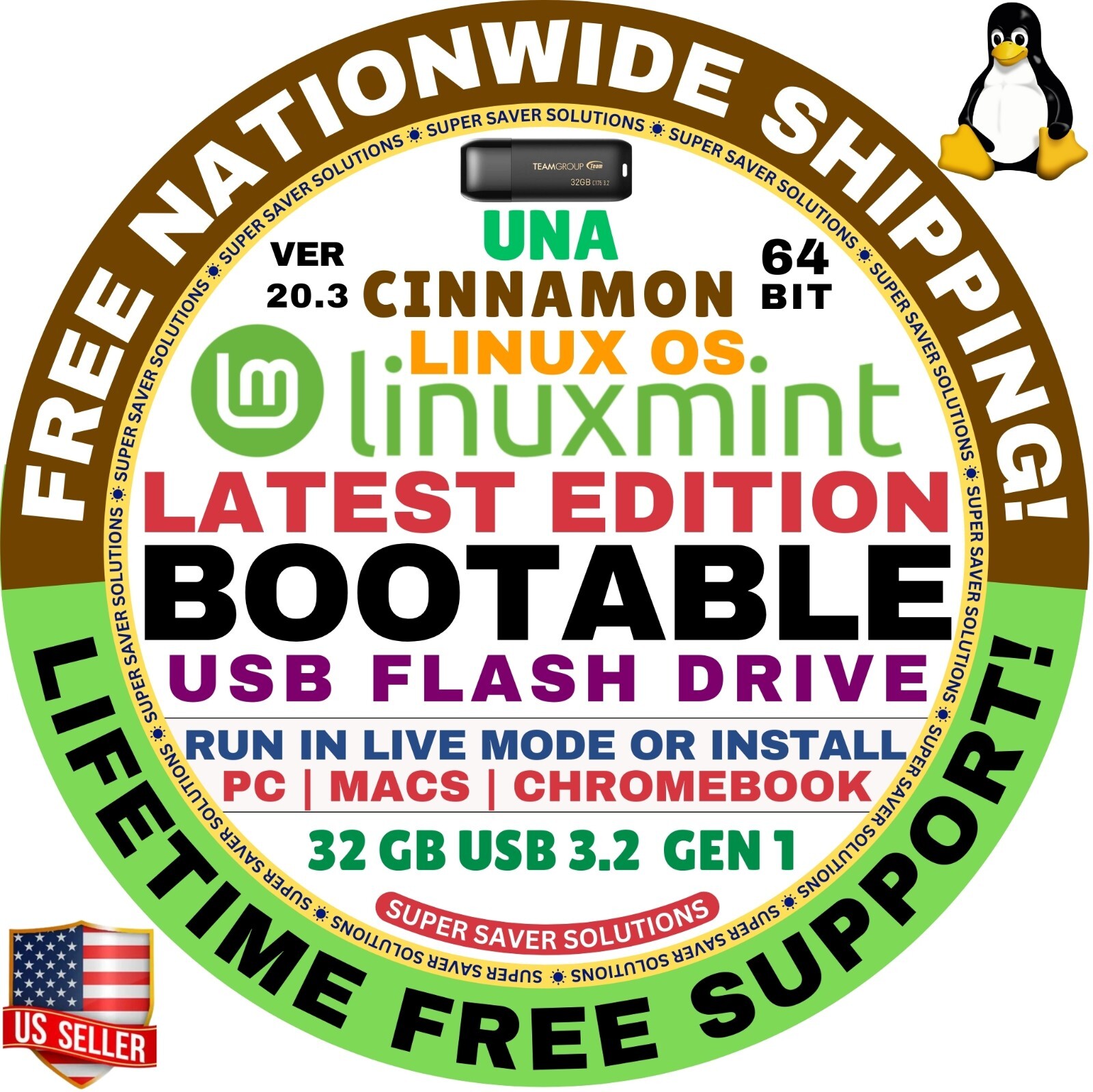 Linux MINT 20.3 USB UNA Cinnamon Edge 64-Bit Live Boot, Full Install for MAC, PC