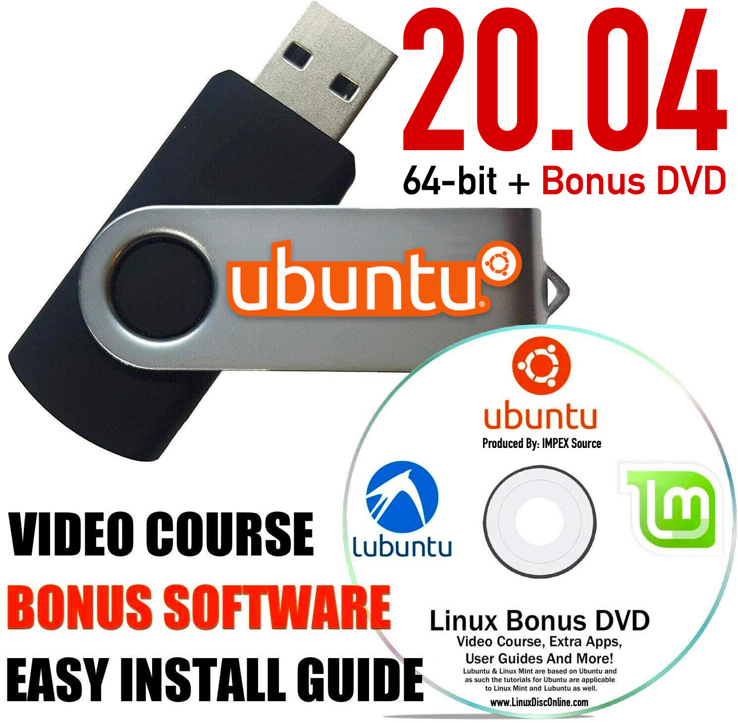 Ubuntu Linux 20.04 Focal Fossa Linux Live Install 16 GB USB With BONUS DVD Disc