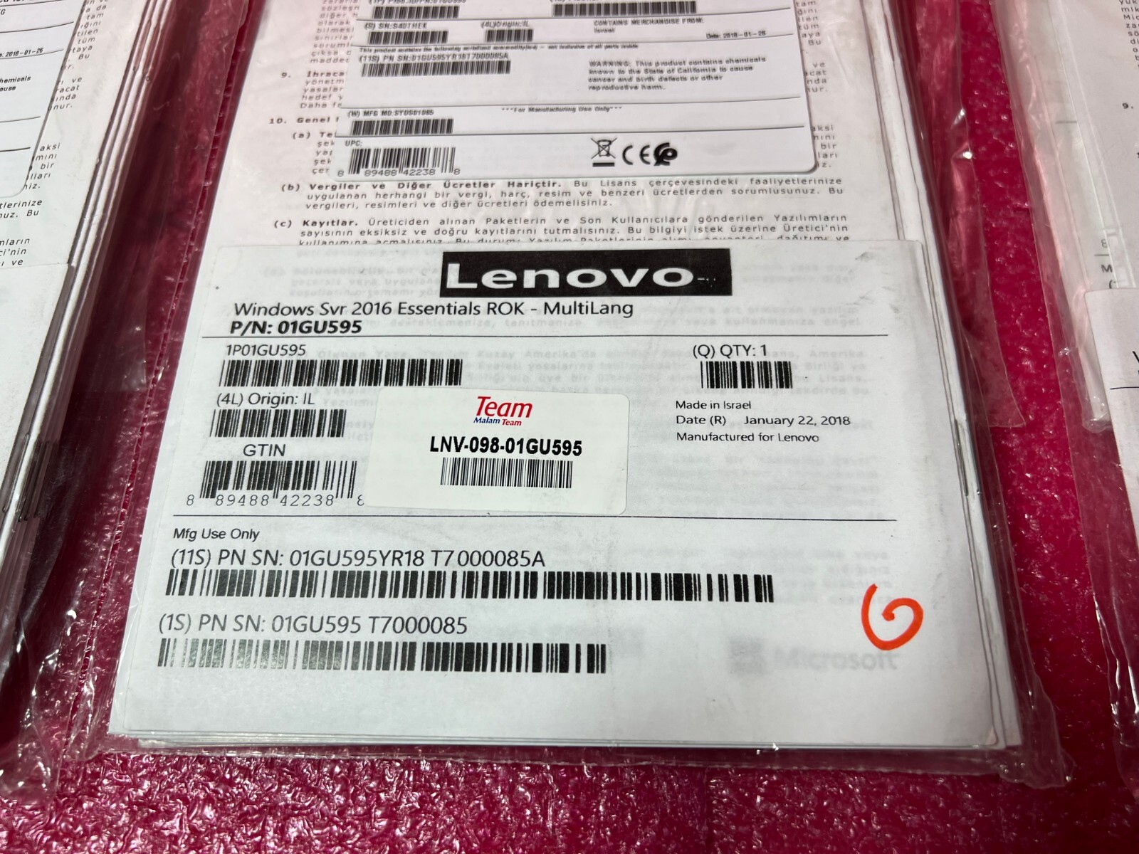 1 Pc LENOVO Software Windows Server 2016 Essentials ROK MultiLanguage 01GU595