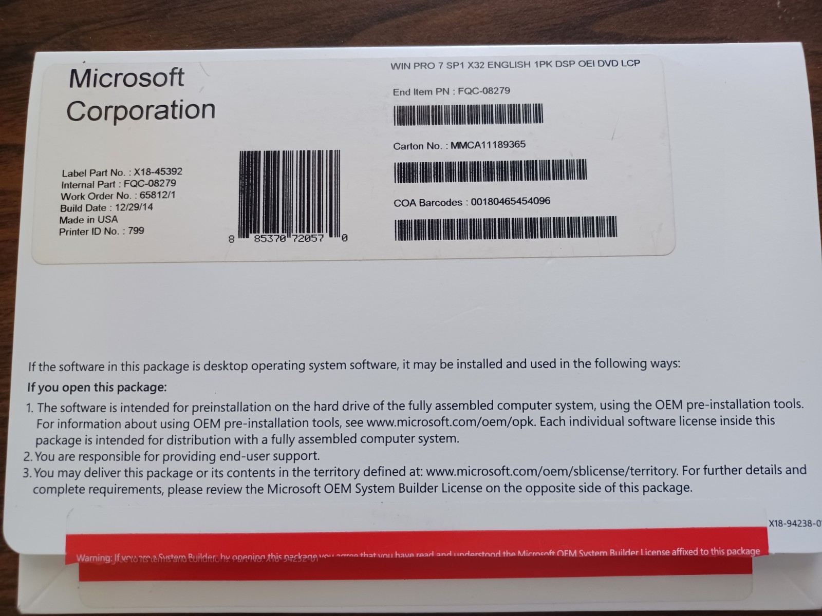 Microsoft Windows 7 Pro Professional SP1 Bit DVD & Key