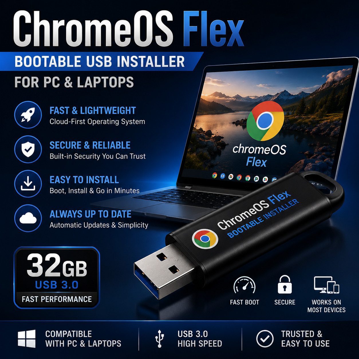 ChromeOS Flex Bootable USB 3.0 Installer 32GB for PC & Laptop