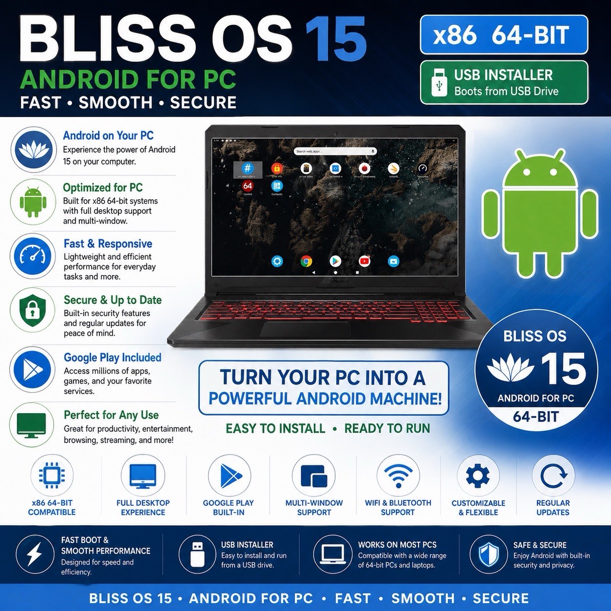BLISS OS 15 (ANDROID 12L On PC) – Bootable InstallDVD US SELLER Free Shipping***
