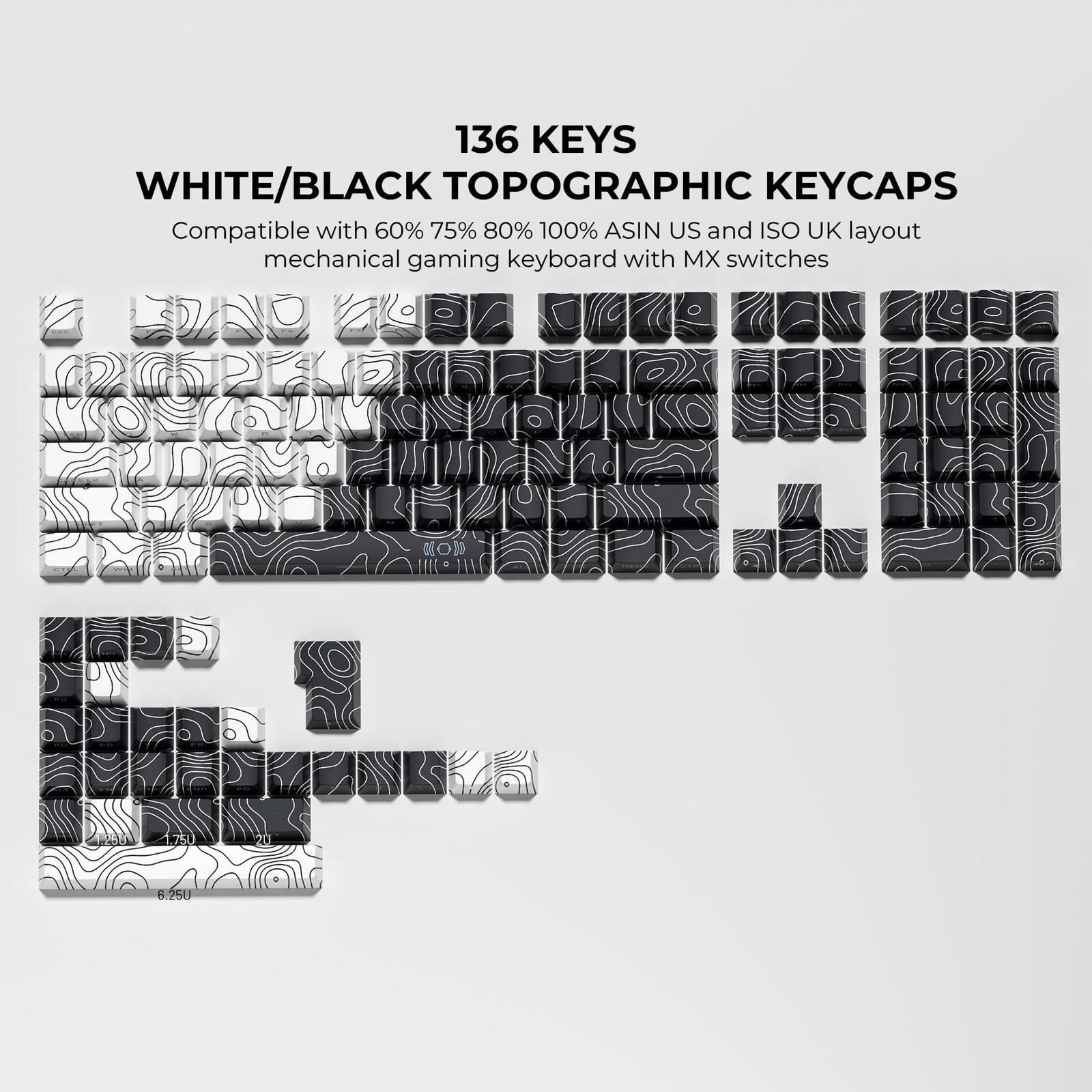 XVX Topographic PBT Keycaps, Shine Through Keyboard Keycaps, White/Black Cher…