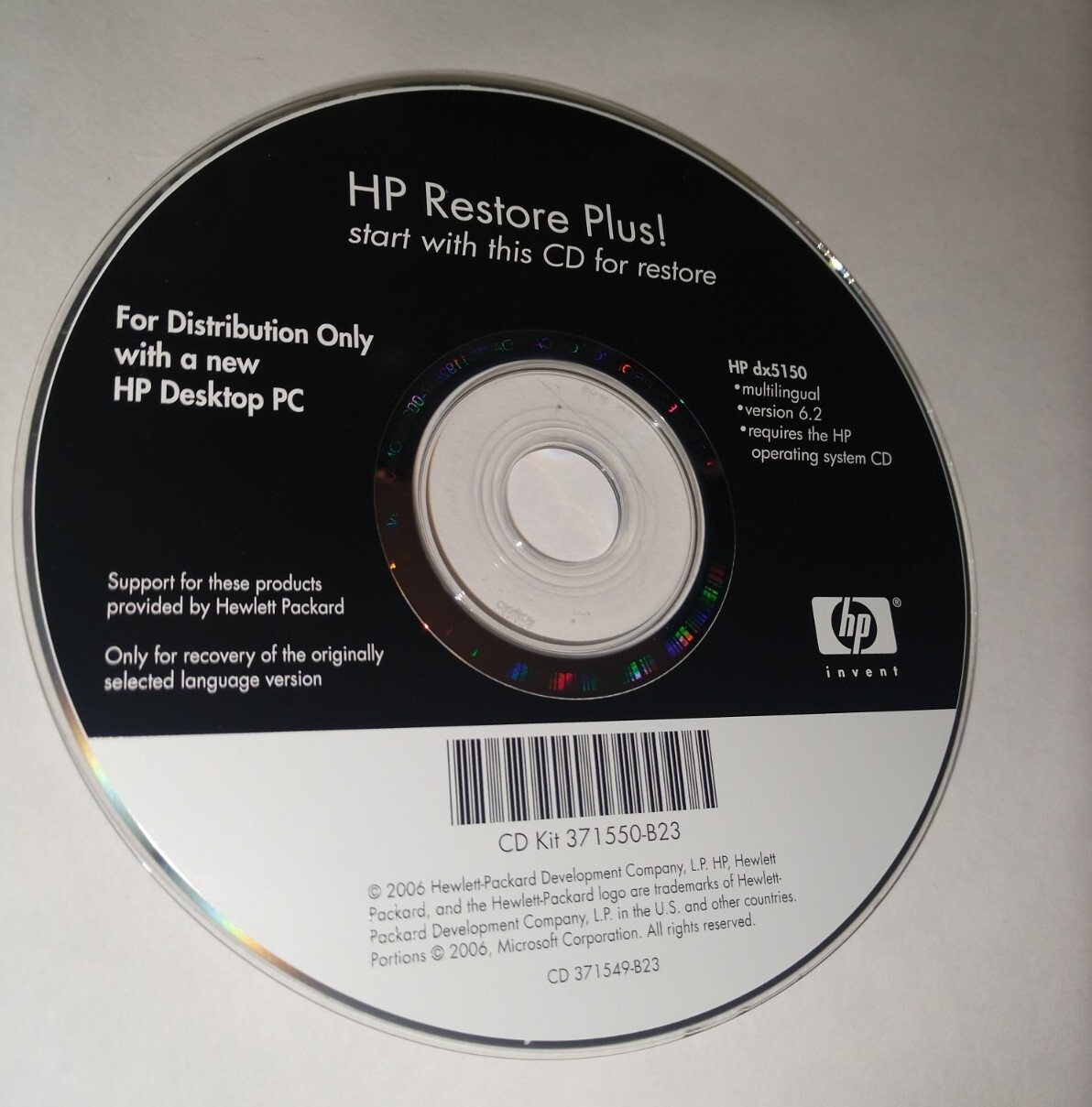 HP Restore Plus CD for HP DX5150 Good Condition