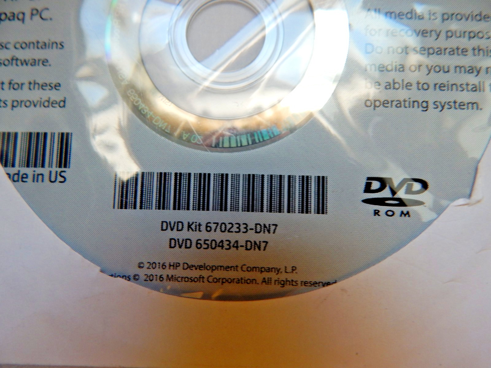 HP Operating System DVD – Windows 7 Pro SP1 64-bit 670233-DN7 No PRODUCT KEY #88