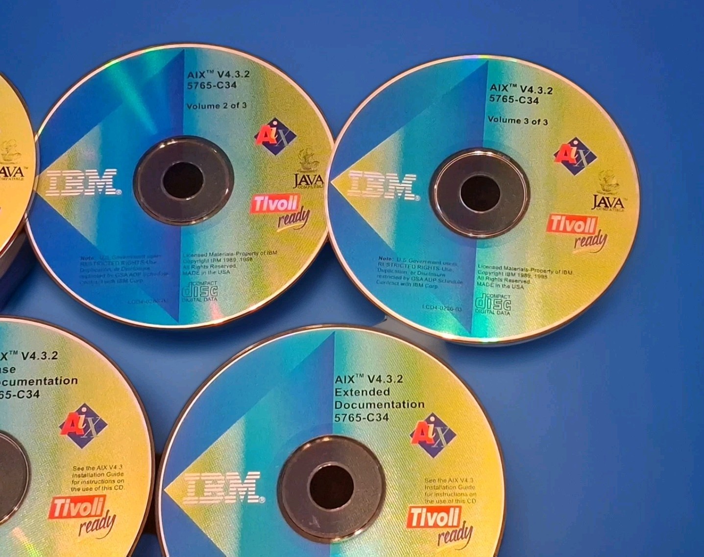 IBM AIX V4 3.2 / 5765-C34 – UNIX Software Vol 1-3 + Base & Ext. Docs CDs 5 Discs