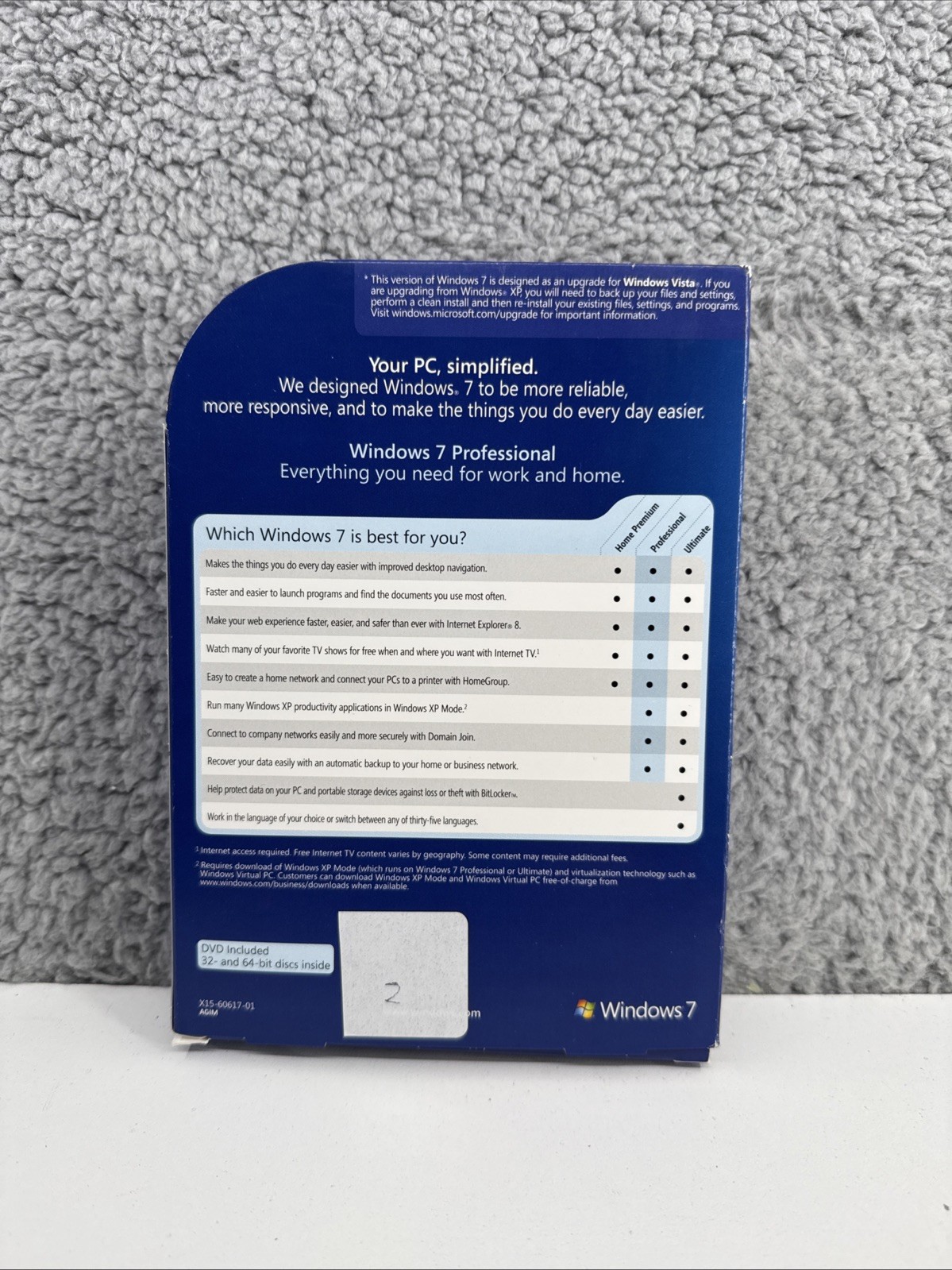 Microsoft Windows 7 Professional Upgrade 32 Bit and 64 Bit DVD MS WIN PRO=RETAIL