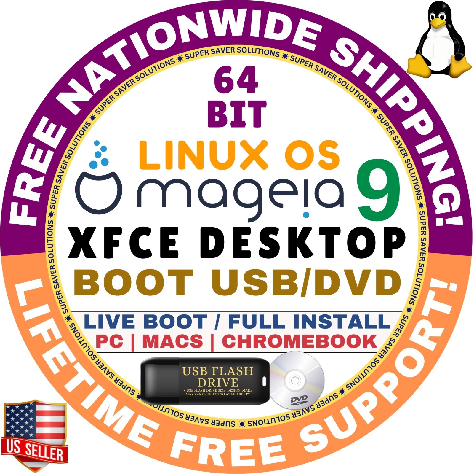 MAGEIA 9, 8 LINUX OS 64-BIT LIVE/FULL, BOOT USB/DVD, XFCE PLASMA GNOME DESKTOP