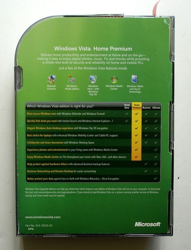 Microsoft Windows Vista Home Premium Full Retail 32 Bit DVD, with Service Pack 1