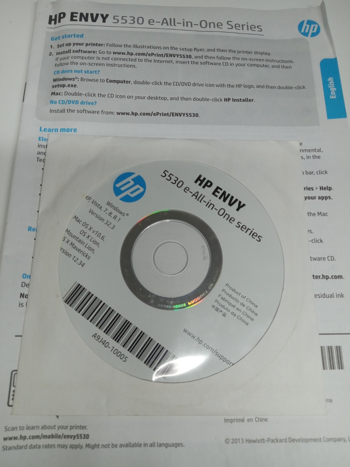 HP ENVY 5530e All-in-One Series Software Installation Disc with Instruction Book