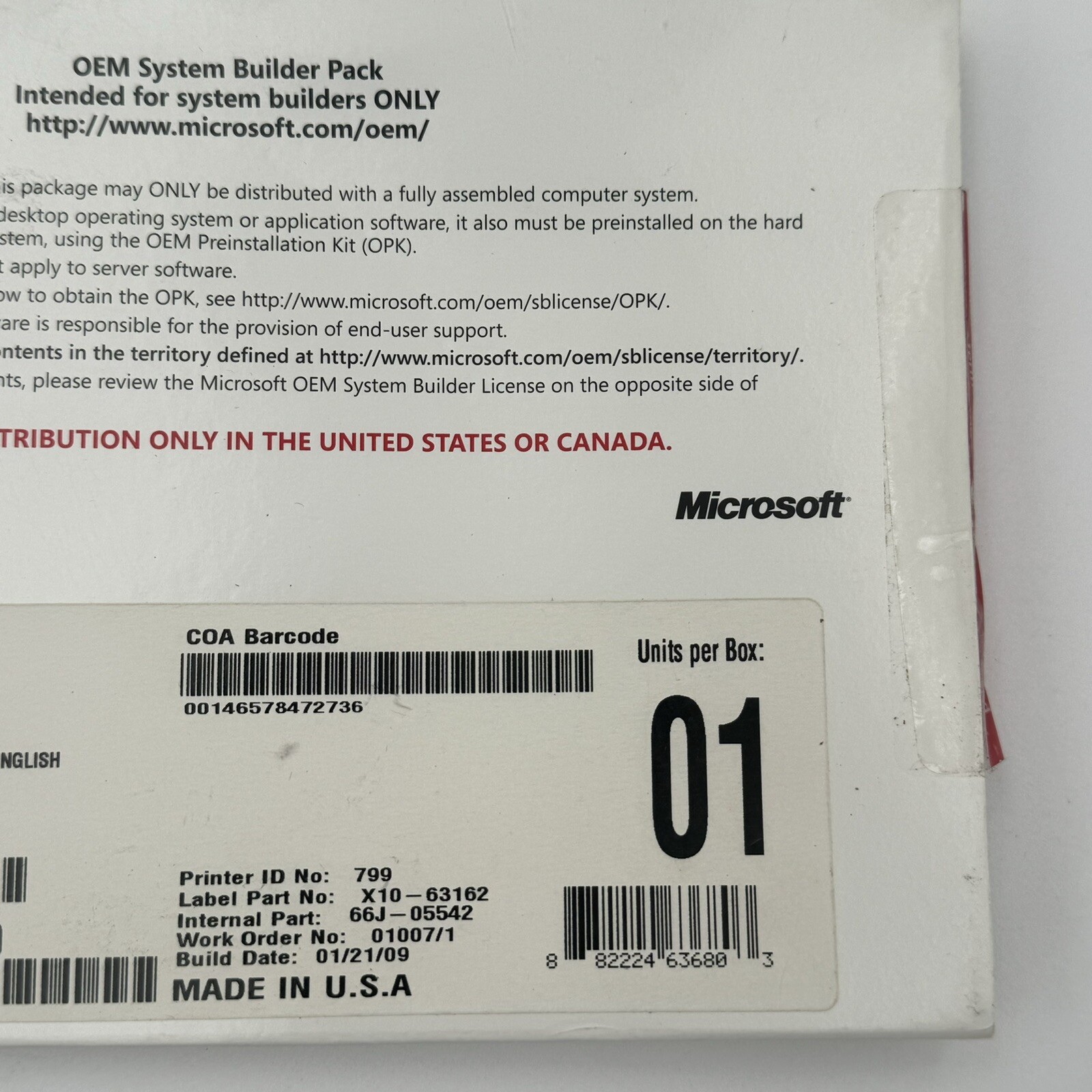 Microsoft OEM System Builder Pack Windows Vista Business SP1 32 BIT X13-04441