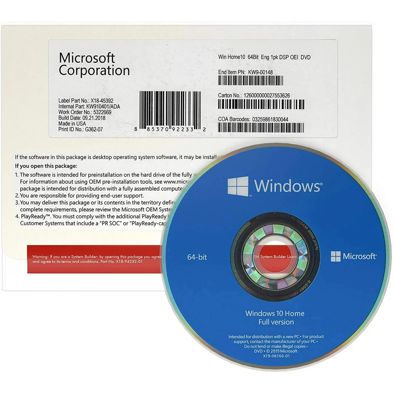 Microsoft Windows 10 Home 64 Bit DVD and COA One PC Sealed w/ Product Key