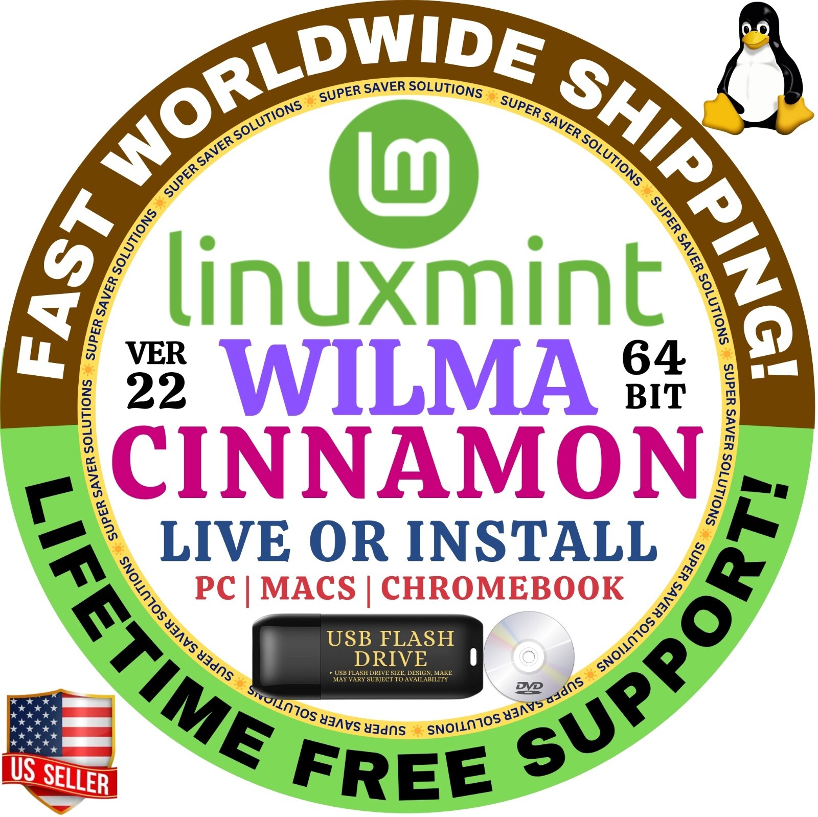 MINT LINUX OS 22 WILMA CINNAMON XFCE MATE LMDE6 64BIT USB,DVD LIVE, FULL BUNDLE